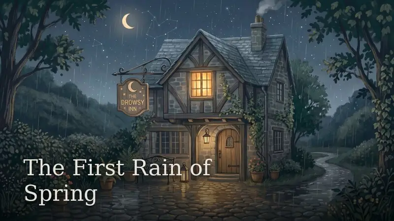 The First Rain of Spring — the lamplit inn in spring rain under a crescent moon