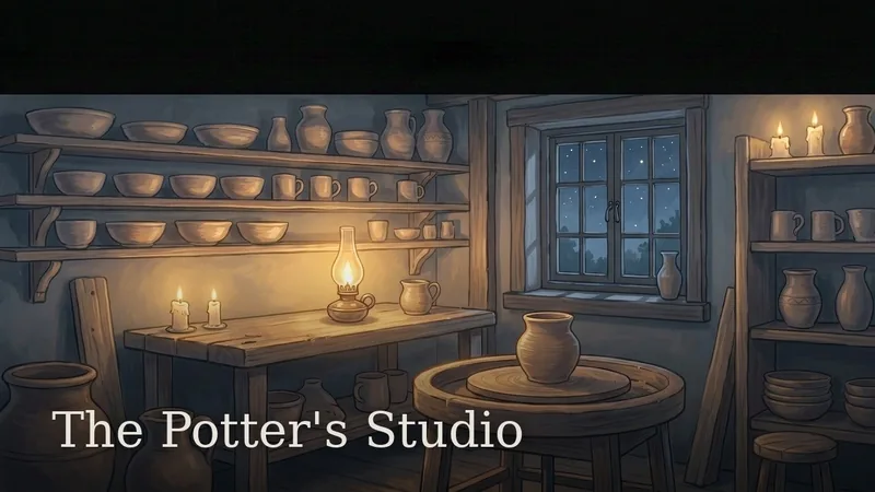 The Potter's Studio — a lamplit workbench and wheel among shelves of drying pots